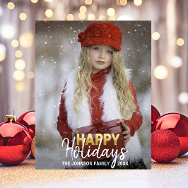 Cartes Pour Fêtes Annuelles Gold White Noël Joyeux vacances Famille | PHOTO