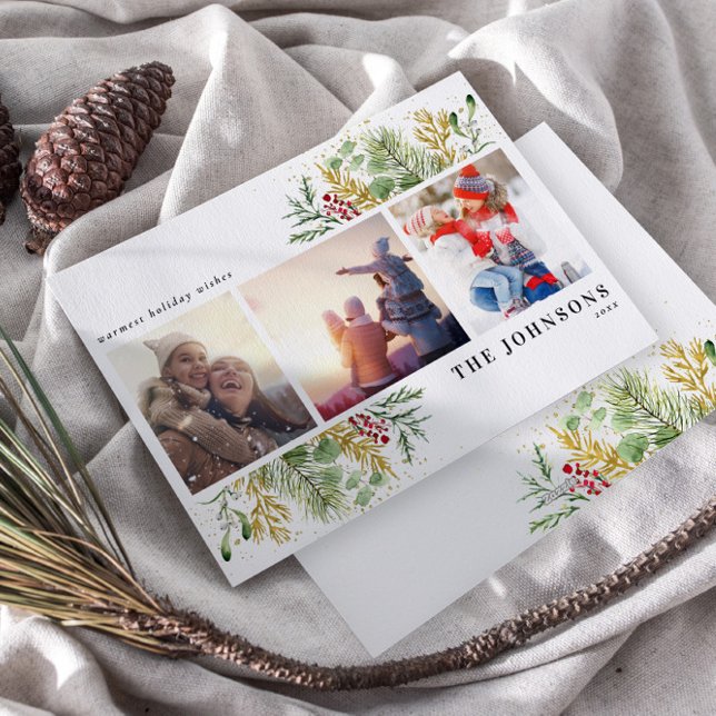 Cartes Pour Fêtes Annuelles Gold Winter Botanical Greenery Berries Photo (Créateur téléchargé)