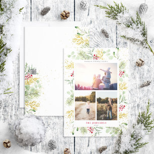 Cartes Pour Fêtes Annuelles Gold Winter Botanique 3 Photo Holiday Card