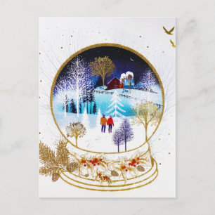 Cartes Pour Fêtes Annuelles Gold Winter Eve Couple Snowglobe Forest Home