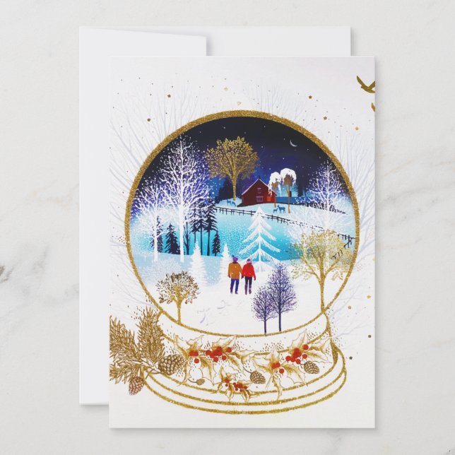 Cartes Pour Fêtes Annuelles Gold Winter Eve Couple Snowglobe Forest Home (Devant)