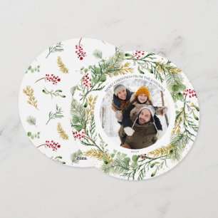 Cartes Pour Fêtes Annuelles Gold Winter Green Wreath Round Photo Holiday