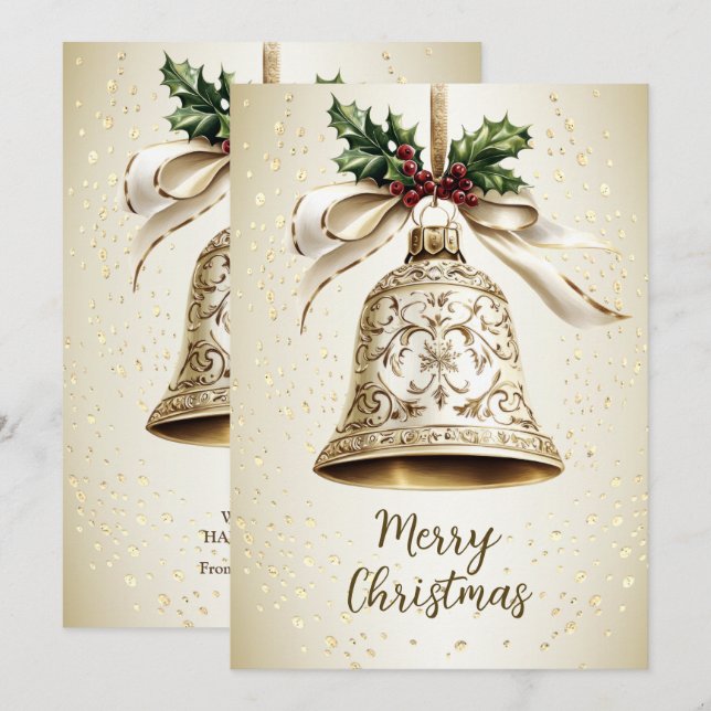 Cartes Pour Fêtes Annuelles Golden Christmas Bell Shiny Stars Green Feuilles (Devant / Derrière)