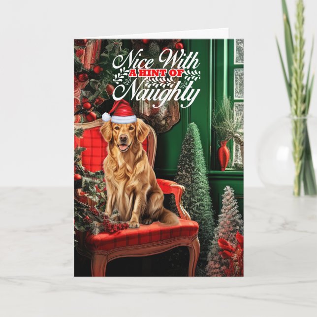 Cartes Pour Fêtes Annuelles Golden Retriever Chien de Noël Naughty ou Nice (Devant)
