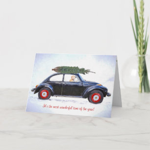 Cartes Pour Fêtes Annuelles Golden retriever dans la voiture avec l'arbre de