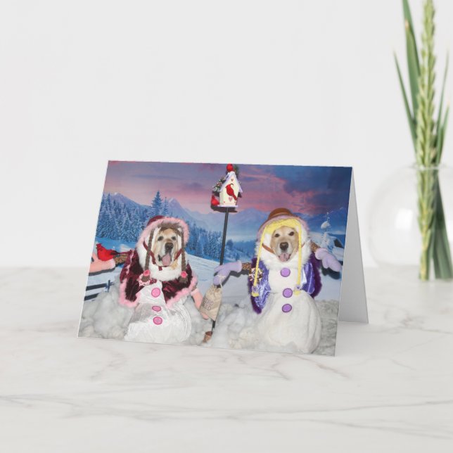 Cartes Pour Fêtes Annuelles Golden Retriever Snowwomen Feeding Birds (Devant)