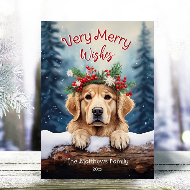 Cartes Pour Fêtes Annuelles Golden Retriever Winter Portrait animal très joyeu (Adorable Winter Snowy Scene With Peeking Dogs or Farm/Woodland Animals - Over 50 to Choose From!)