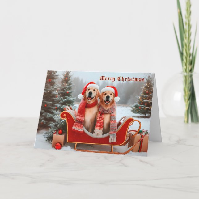 Cartes Pour Fêtes Annuelles Golden Retrivers in Sleigh Christmas Card (Devant)
