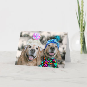 Cartes Pour Fêtes Annuelles Golden Retrivers in Winter Casquette Fête de Noël