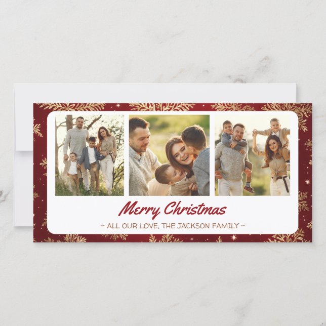 Cartes Pour Fêtes Annuelles Golden Snowflakes Joyeux Noël 3 Photo Collage (Devant)