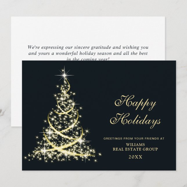 Cartes Pour Fêtes Annuelles Golden Sparkle Christmas Tree Salutation d'entrepr (Devant / Derrière)