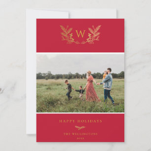 Cartes Pour Fêtes Annuelles Golden Winter Sprigs Monogramme Photo Rouge
