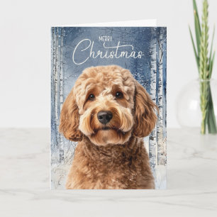 Cartes Pour Fêtes Annuelles Goldendoodle Chien Forêt enneigée de Noël Hiver