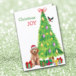 Cartes Pour Fêtes Annuelles Goldendoodle Chien, Oiseau et Arbre de Noël