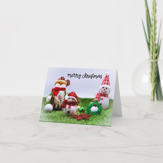 Cartes Pour Fêtes Annuelles Golf Joyeux Noël avec Snowman sur herbe verte (Devant)