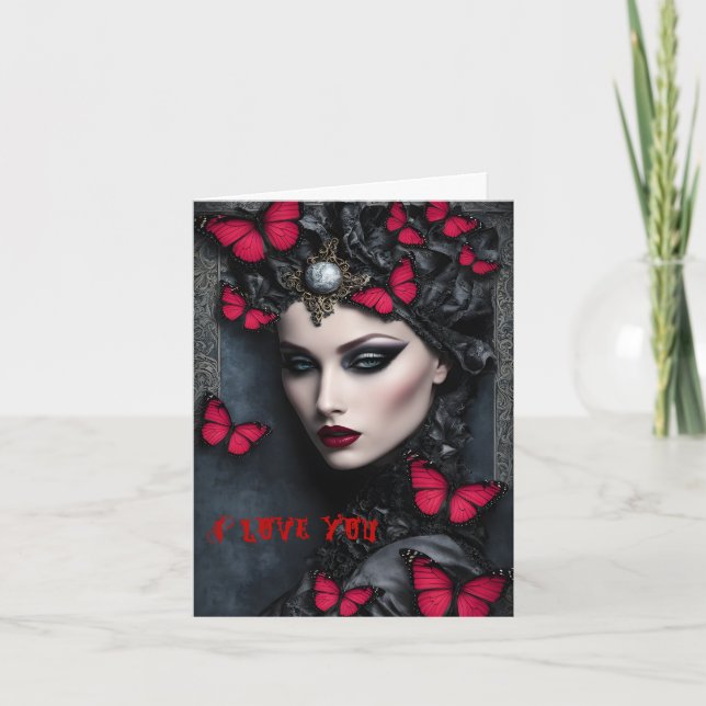 Cartes Pour Fêtes Annuelles Goth Vampire femme avec papillons Valentine (Devant)