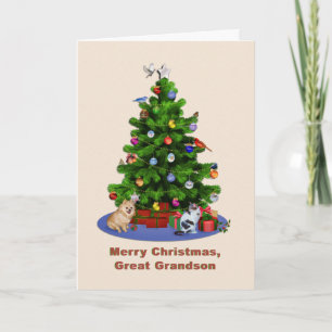 Cartes Pour Fêtes Annuelles Grand-fils, Joyeux arbre de Noël, Oiseaux, Chien