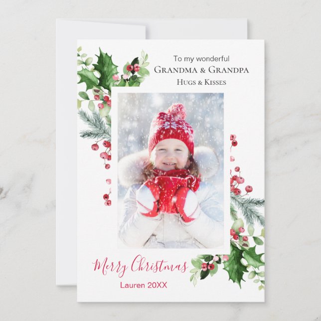 Cartes Pour Fêtes Annuelles Grand-parents de Noël Holly Berry Pine Photo (Devant)