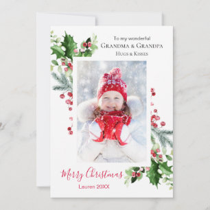 Cartes Pour Fêtes Annuelles Grand-parents de Noël Holly Berry Pine Photo