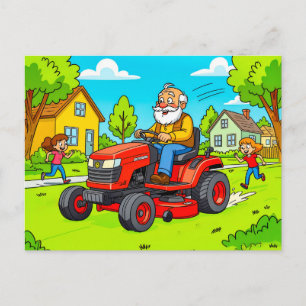 Cartes Pour Fêtes Annuelles Grand-père tondre la pelouse sur un tracteur
