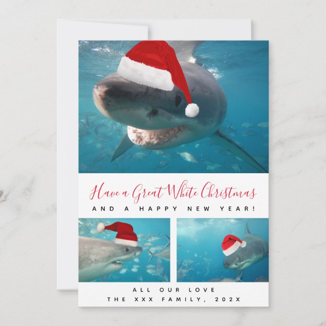 Cartes Pour Fêtes Annuelles Grand requin blanc Rouge Script Multi Photo Collag (Devant)