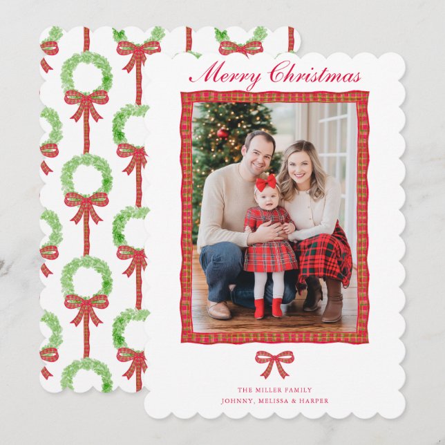Cartes Pour Fêtes Annuelles Grandmillennial Preppy Red Tartan Bow Garland (Devant / Derrière)