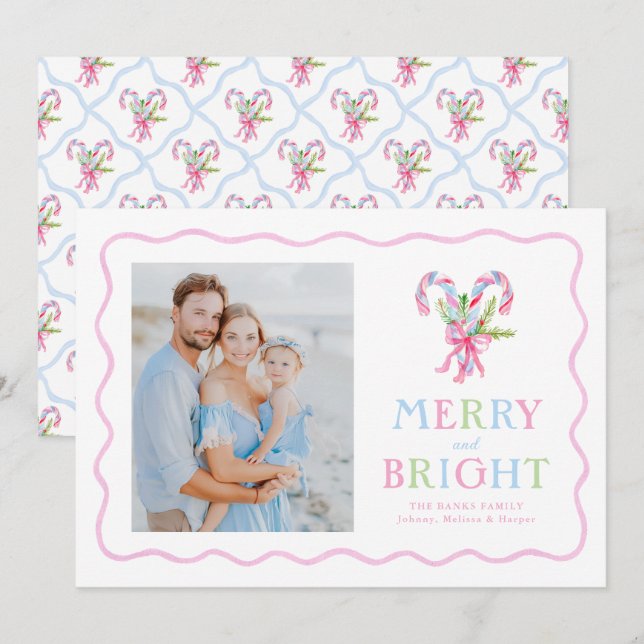 Cartes Pour Fêtes Annuelles Grandmillennial Preppy Sucres de canne Wavy Border (Devant / Derrière)