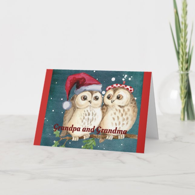 Cartes Pour Fêtes Annuelles Grands-parents de hiboux de Noël (Devant)