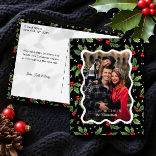 Cartes Pour Fêtes Annuelles Gras Black Christmas Holly Wavy Frame Photo