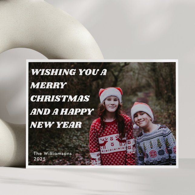 Cartes Pour Fêtes Annuelles Gras Retro White Texte superposé Photo Noël Année (Créateur téléchargé)