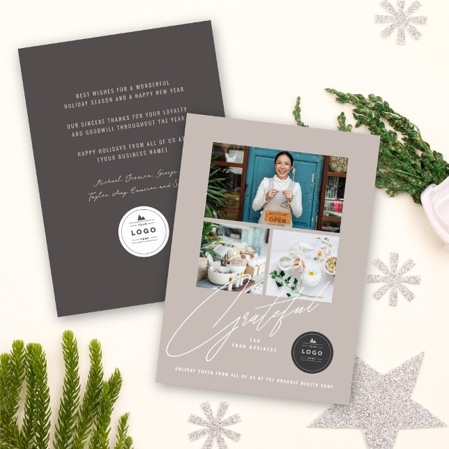 Cartes Pour Fêtes Annuelles Grateful Handwrite Script 3 Photo Élégant (Créateur téléchargé)