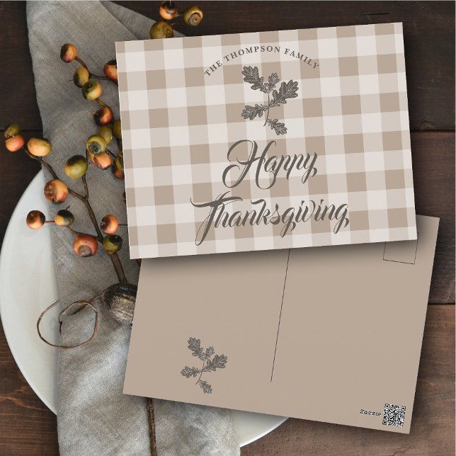 Cartes Pour Fêtes Annuelles Gratitude De Thanksgiving Nom De Famille Taupe Pla (Thanksgiving Gratitude Family Name Taupe Plaid Holiday Postcard)