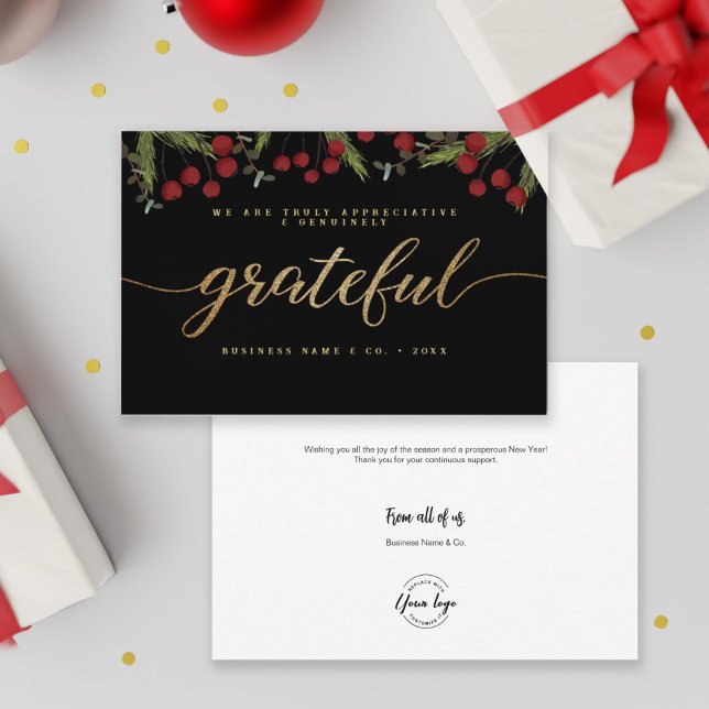 Cartes Pour Fêtes Annuelles Gratuit Script moderne Holly Pine logo d'entrepris (Customizable logo, name and message, business holiday card in red, green and gold.)