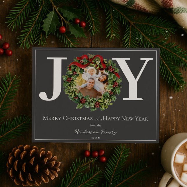 Cartes Pour Fêtes Annuelles Gray Joy Christmas Wreath Photo (Gray Joy Christmas Wreath Photo Holiday Card)