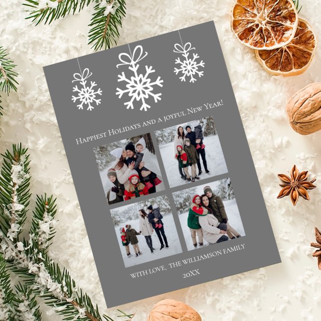 Cartes Pour Fêtes Annuelles Gray Snowflake Ornements Photo Collage (Gray Snowflake Ornaments Photo Collage Holiday Card)