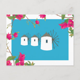 Cartes Pour Fêtes Annuelles Grèce Bougainvillée Île grecque Moulins à vent