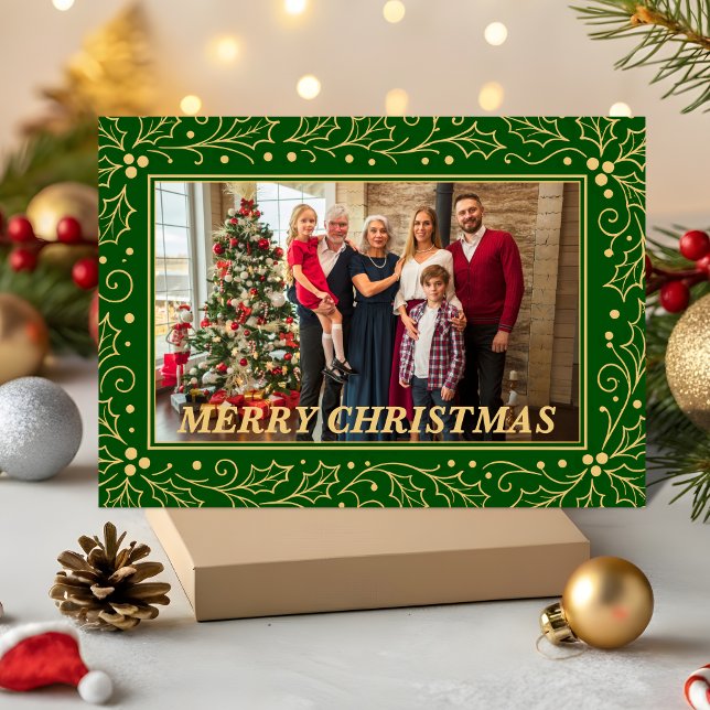 Cartes Pour Fêtes Annuelles Green & Antique-Gold Family Christmas Photo (Créateur téléchargé)