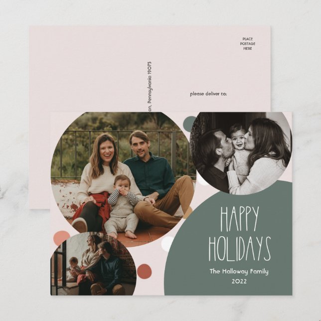 Cartes Pour Fêtes Annuelles Green Boho Polka Dot Joyeuses Vacances Trois Photo (Devant / Derrière)