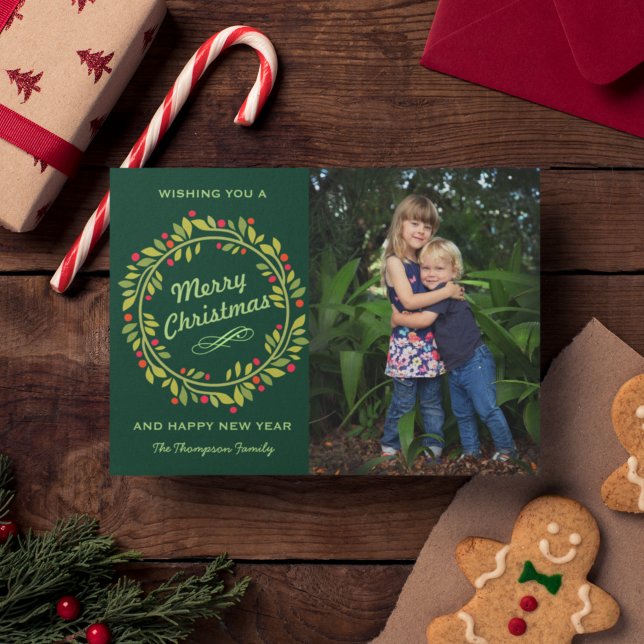 Cartes Pour Fêtes Annuelles Green Christmas Wreath | Photo mignonne (Créateur téléchargé)