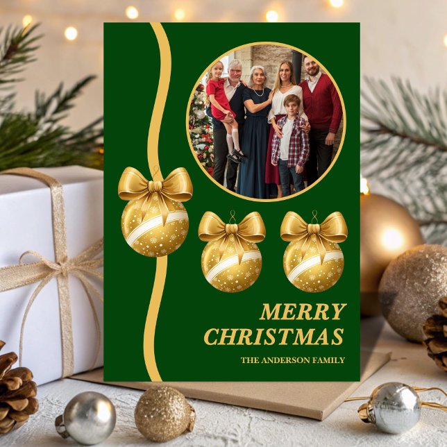 Cartes Pour Fêtes Annuelles Green & Gold Ornaments Family Christmas Photo (Créateur téléchargé)