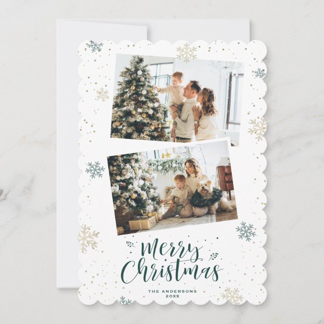 Cartes Pour Fêtes Annuelles Green Gold Snowflake 2 Photo Joyeux Noël (Devant)