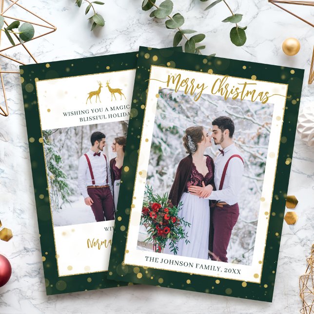 Cartes Pour Fêtes Annuelles Green Gold Sparkle Joyeux Noël 2 Photo (Créateur téléchargé)