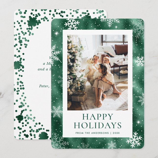 Cartes Pour Fêtes Annuelles Green Happy Holidays Snowflake Photo Neige (Devant / Derrière)