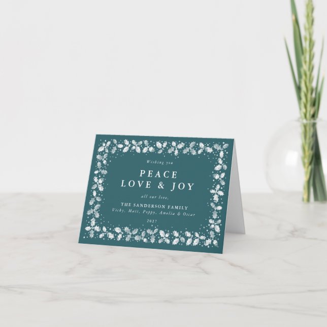 Cartes Pour Fêtes Annuelles Green Holly Feuilles Peace Love & Joy Non Photo (Devant)