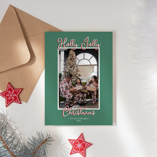 Cartes Pour Fêtes Annuelles Green Holly Jolly Photo de famille de Noël (Créateur téléchargé)