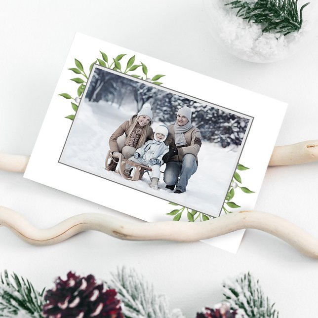 Cartes Pour Fêtes Annuelles Green Joyeux Noël Botanique Une photo (Christmas holiday greenery and foliage simple photo folding card. )