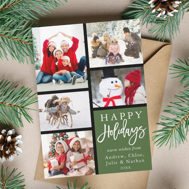 Cartes Pour Fêtes Annuelles Green Modern 5 Photo Collage Noël (Créateur téléchargé)