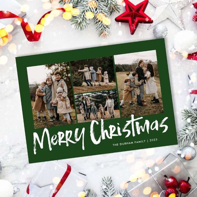 Cartes Pour Fêtes Annuelles Green Modern Letters Quatre Photo Joyeux Noël (Créateur téléchargé)