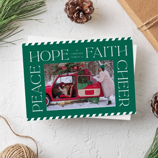 Cartes Pour Fêtes Annuelles Green Peace Hope Faith Cheval Christmas Photo (Green Christmas photo card with elegant typography, peace, hope, faith and cheer)