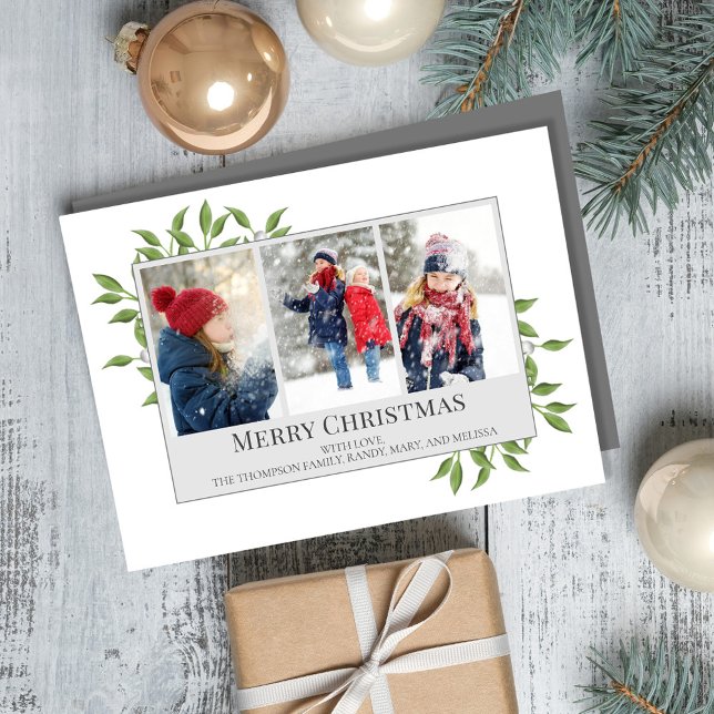 Cartes Pour Fêtes Annuelles Green Photo Collage Vert Joyeux Noël (Merry Christmas holiday photo card with classic greenery)